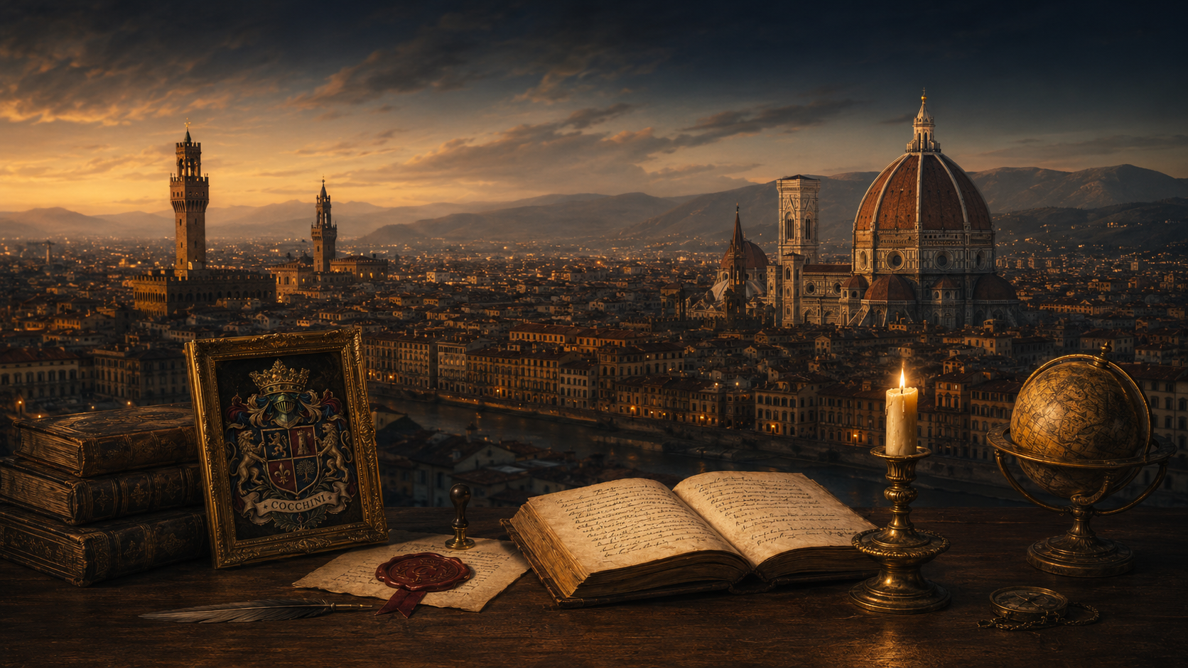 Florence at dusk, seen from the hills above the Duomo
