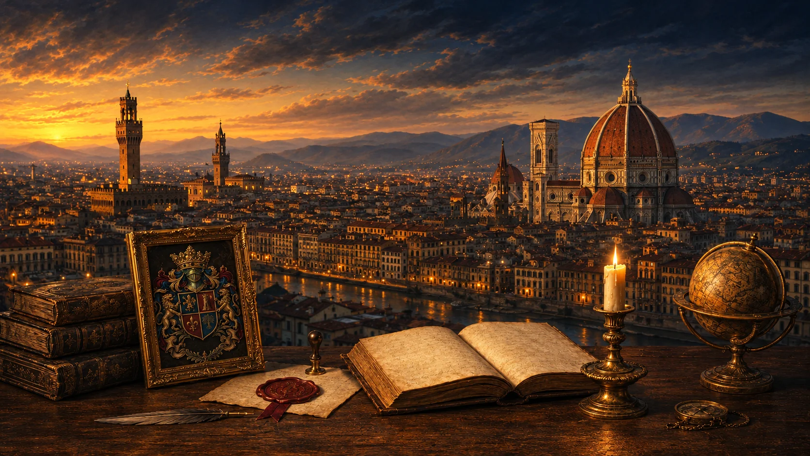 Florence at dusk, seen from the hills above the Duomo